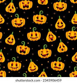 Cute calabazas de Halloween patrón sin fisuras. Impresión de Halloween Vector Happy con sonrientes caricaturas esculpidas con calabazas sobre fondo negro. Para envolver, tela, decoración de vacaciones de otoño, textiles