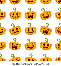 Cute Halloween pumpkins seamless pattern. Vector Happy Halloween print with smiling spooky carving faces pumpkins on white background. For wrapping, fabric, holiday decoration, textile