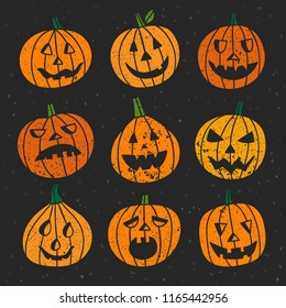 Cute Halloween pumpkins set. Vector pumpkins with different faces and emotions 