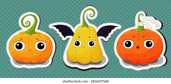 Cute Halloween pumpkins stickers. Smilling face Jack Lantern labels collection. Funny pumpkins icons set. Cartoon pumpkins stickes. Fun Halloween characters. Squash light, pumkin bat, zombie, boo.