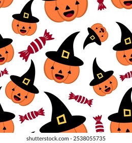 Cute Halloween pumpkins in witch hats seamless pattern on a white background. Bright kawaii pumpkins and candies for All Saints Day poster. Halloween background for wrapping paper, textile prints etc.