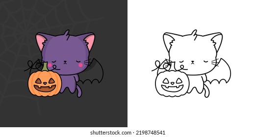 Cute Halloween Purple Cat Clipart Illustration and Black and White. Funny Clip Art Halloween Kitty. Cute Vector Illustration of a Kawaii Halloween Animal and Pumpkin.
