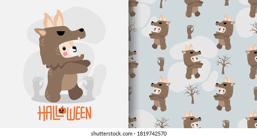 CUTE HALLOWEEN RABBIT BUNNY CARTOON DOODLE SEAMLESS PATTERN ILLUSTRATION