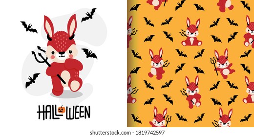 CUTE HALLOWEEN RABBIT BUNNY CARTOON DOODLE SEAMLESS PATTERN ILLUSTRATION