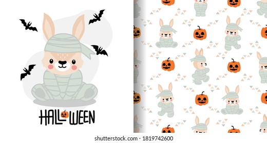 CUTE HALLOWEEN RABBIT BUNNY CARTOON DOODLE SEAMLESS PATTERN ILLUSTRATION