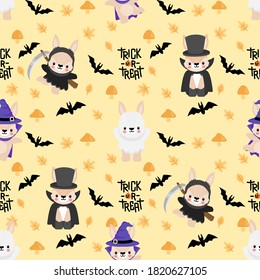 CUTE HALLOWEEN RABBIT BUNNY CARTOON DOODLE SEAMLESS PATTERN ILLUSTRATION