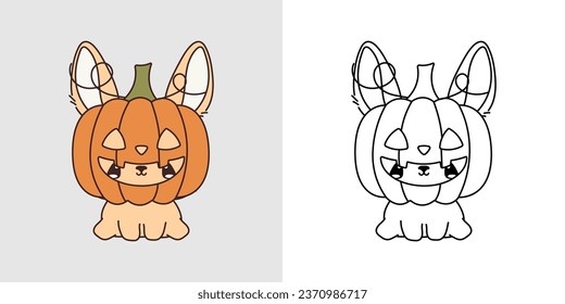 Cute Halloween Rabbit Illustration and For Coloring Page. Cartoon Clip Art Halloween Hare. Cute Vector Illustration of a Kawaii Forest Animal for Halloween Stickers. 