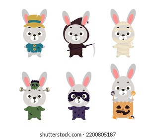 Cute Halloween rabbit set. Cartoon animal character collection for kids t-shirts, nursery decoration, baby shower, greeting card, invitation. Vector stock illustration