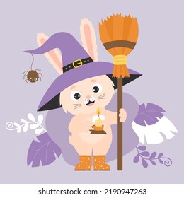 Cute Halloween rabbit in witch hat with spider with candle and broom on decorative background. Vector illustration. Festive bunny character for design, print, cards, covers, decor, kids collection.