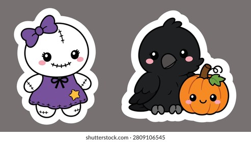 Cute Halloween Rag Doll and Crow Pumpkin Sticker Vector Bundle