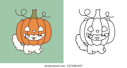 Cute Halloween Ragdoll Cat Clipart Illustration and Black and White. Kawaii Clip Art Halloween Pet. Cute Vector Illustration of a Kawaii Animal for Halloween Stickers. 