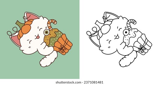 Cute Halloween Ragdoll Cat Clipart for Coloring Page and Illustration. Happy Clip Art Halloween Kitten. Cute Vector Illustration of a Kawaii Halloween Pet with Sweets. 