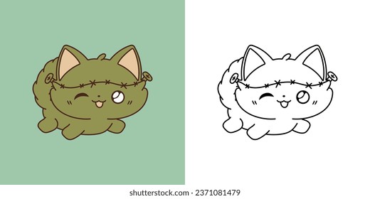 Cute Halloween Ragdoll Cat Illustration and For Coloring Page. Cartoon Clip Art Halloween Feline. Cute Vector Illustration of a Kawaii Halloween Animal in a Zombie Costume. 