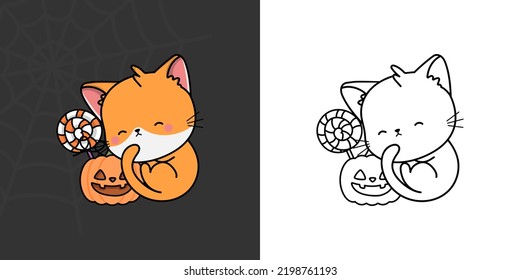 Cute Halloween Red Cat Clipart for Coloring Page and Illustration. Happy Clip Art Halloween Cat. Cute Vector Illustration of a Kawaii Halloween Animal and Pumpkin.
