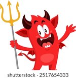 Cute Halloween Red Devil Cartoon Character Holding Up A Pitchfork Vector Illustration Flat Design Isolated On Transparent Background