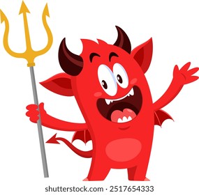 Cute Halloween Red Devil Cartoon Character Holding Up A Pitchfork Vector Illustration Flat Design Isolated On Transparent Background