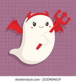 Cute Halloween red devil ghost holding a trident character vector