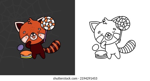 Cute Halloween Red Panda Clipart for Coloring Page and Illustration. Happy Clip Art Halloween Animal. Cute Vector Illustration of a Kawaii Halloween Animals with Sweets.
