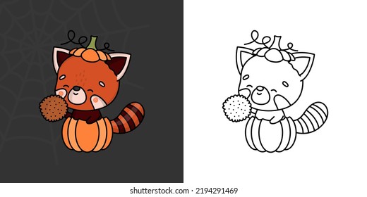 Cute Halloween Red Panda Clipart Illustration and Black and White. Funny Clip Art Halloween Animal. Cute Vector Illustration of a Kawaii Halloween Animals Inside a Pumpkin.
