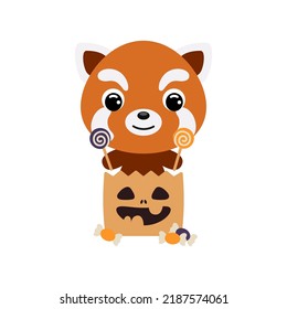 Cute Halloween red panda sitting in a trick or treat bag with candies. Cartoon animal character for kids t-shirts, nursery decoration, baby shower, greeting card, invitation. Vector stock illustration