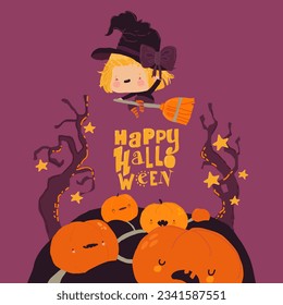 Cute Halloween Redheaded Witch flying on Broom above Pumpkins