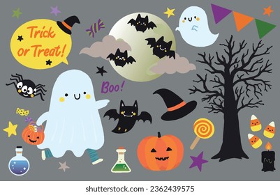 Cute Halloween related elements with orange, purple, and green dominated colours.