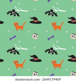 Cute Halloween repeat pattern with flat icons: witch accessories, cat, and flying bat. Fun seamless design in green for holiday use.