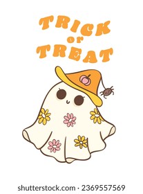 Cute Halloween retro ghost with daisy flowers cartoon doodles. Kawaii cartoon doodle is perfect for decorating your home, blog, or social media, Halloween greeting cards or invitations.