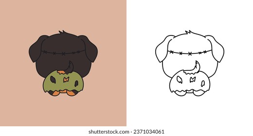 Cute Halloween Rottweiler Dog Illustration and For Coloring Page. Cartoon Clip Art Halloween Puppy. Cute Vector Illustration of a Kawaii Halloween Animal in a Zombie Costume. 