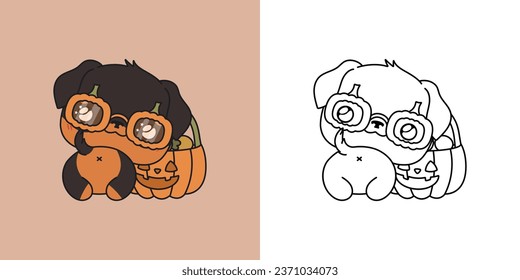 Cute Halloween Rottweiler Dog Illustration and For Coloring Page. Cartoon Clip Art Halloween Doggy. Cute Vector Illustration of a Kawaii Animal for Halloween Stickers. 