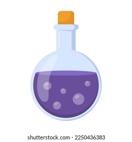 Cute Halloween round flask with magic potion sticker vector illustration. Cartoon drawing of witchcraft or dark magic element in boho style isolated on white background