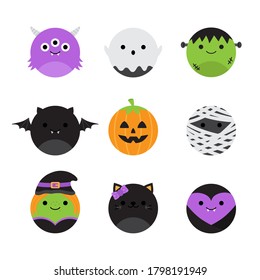 Cute halloween round vector characters. Circle spooky collection. Spooky, scary cartoon illustration set of monsters and animals. Isolated.