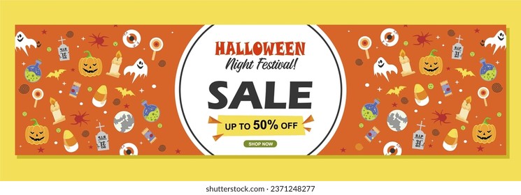 Cute Halloween Sale Up To 50% Banner with Set of Spooky Doodles. Halloween Sale Banner for Web and E Commerce. 