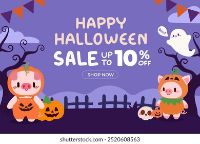 Nettes Halloween Verkaufsbanner mit Schweinefiguren in Kürbis Kostümen. Halloween Discount Promo mit entzückenden Kürbis Schweine und Geist.Spooky Halloween Sale Banner mit Ferkeln und Geist.