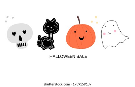 Cute Halloween sale icon or poster background. Skull, scary cat, orange pumpkin, baby ghost character.