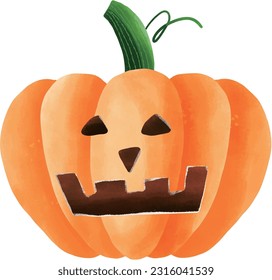 Cute Halloween scary face orange pumpkin cartoon character watercolour hand drawing