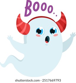 Cute Halloween Scary Ghost Cartoon Character With Red Horns Vector Illustration Flat Design Isolated On Transparent Background