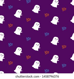Cute halloween scary ghost pattern. Kawaii ghost try to scare someone. Element for print, poster, game, flyer, T-shirt, site design or other design project. Vector background.