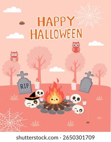 Cute Halloween scene with owl, ghost, skulls, candles, spider webs, and graveyard in flat cartoon style for kids decorations or digital prints.