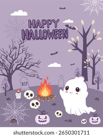 Cute Halloween scene with owl, ghost, skulls, candles, spider webs, and graveyard in flat cartoon style for kids decorations or digital prints.