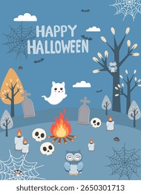 Cute Halloween scene with owl, ghost, skulls, candles, spider webs, and graveyard in flat cartoon style for kids decorations or digital prints.