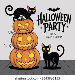 Cute Halloween Scene with Pumpkins and Black Cats, Vector Illustration