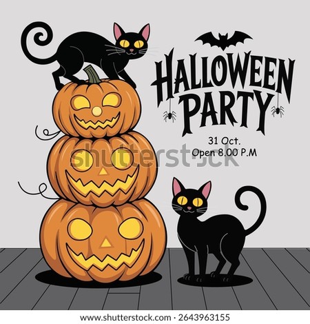 Cute Halloween Scene with Pumpkins and Black Cats, Vector Illustration