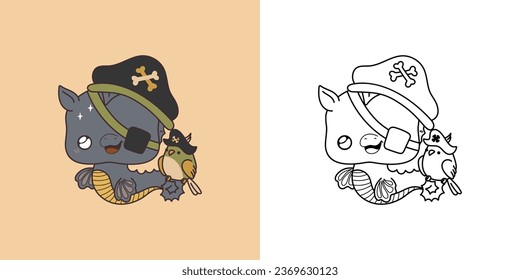Cute Halloween Sea Horse Illustration and For Coloring Page. Cartoon Clip Art Halloween Underwater Animal. Cute Vector Illustration of a Kawaii Halloween Seahorse in a Pirate Costume.