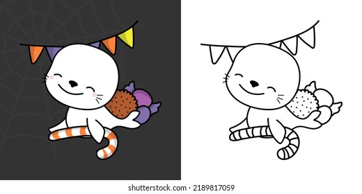 Cute Halloween Seal Clipart for Coloring Page and Illustration. Happy Clip Art Halloween Animal. Cute Vector Illustration of a Kawaii Halloween Sea Calf with Sweets.
