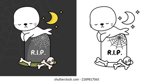 Cute Halloween Seal Clipart Illustration and Black and White. Funny Clip Art Halloween Animal. Cute Vector Illustration of a Kawaii Sea Calf for Halloween Stickers.

