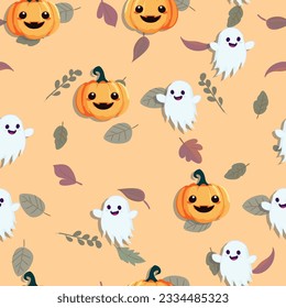 Cute Halloween seamles pattern with various horor and spooky element for fabric design, background, template, layout, print paper.