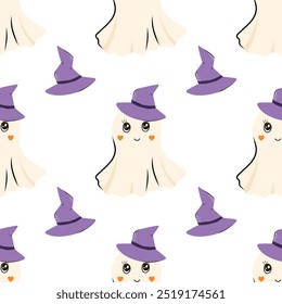 Bonito Halloween padrão sem costura com fantasma adorável e chapéu de bruxa. Fundo de vetor para design têxtil ou fundo. Conceito de feriado de Halloween