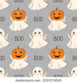 Cute Halloween seamless pattern with adorable ghost and pumpkin. Vector background for design textile or backdrop. Halloween holiday concept