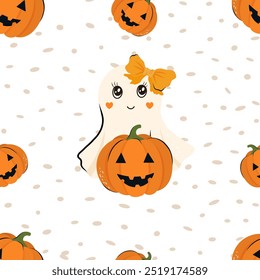 Cute Halloween seamless pattern with adorable ghost and pumpkin. Vector background for design textile or backdrop. Halloween holiday concept